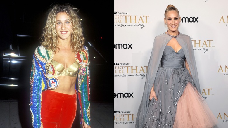 (L) Sarah Jessica Parker smiles in a gold bralette and embellished jacket (R) Sarah Jessica Parker poses wearing a gray cape and a pink tulle skirt