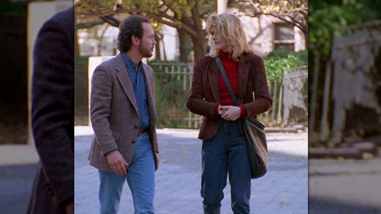 Sally Albright wearing a burgundy blazer with a rich red turtle neck and jeans in 'When Harry Met Sally.'
