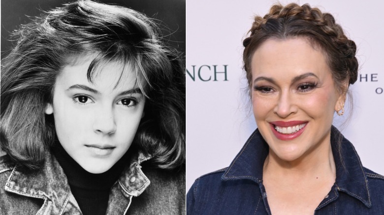 Alyssa Milano in a black-and-white photo wearing a jean jacket in 1985 on the left and posing at an event with a braided updo in 2026 on the right.