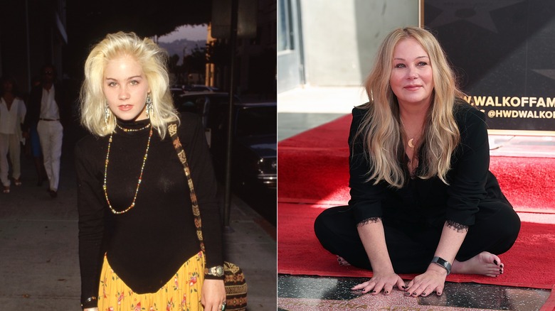 Christina Applegate wearing a black top and yellow floral skirt in 1987 on the left and posing with her Hollywood walk of fame star in 2022 on the right.