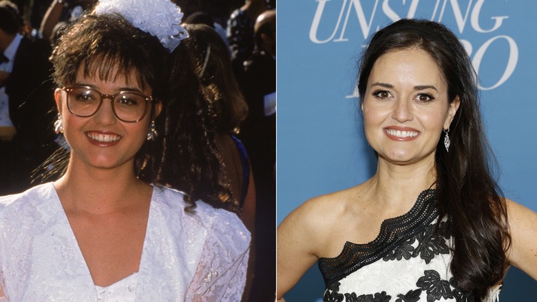 Danica McKellar on the red carpet wearing a white lace dress and glasses in 1990 on the left and st an event wearing an asymmetrical white-and-black dress in 2024 on the right.