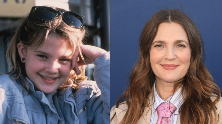 Drew Barrymore posing with her head on her hand and sunglasses in 1986 on the left and at a red carpet event wearing a tan suit in 2025 on the right.