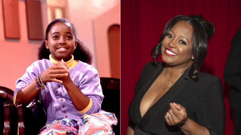 Keshia Knight Pulliam on "The Cosby Show" in 1989 on the left and wearing a black top with red lipstick in 2026 on the right.