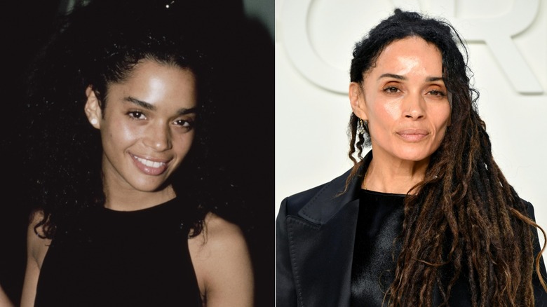 Lisa Bonet posing in a black top in 1986 on the left and on the red carpet wearing a black jacket and dreadlocks in 2020 on the right.