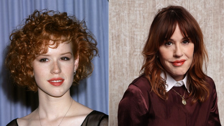 Molly Ringwald with short, curly red hair in 1986 on the left and with long hair and curtain bangs wearing a red sweater in 2026 on the right.