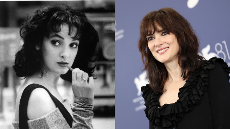 Winona Ryder in a black-and-white photo wearing an off-the-shoulder top in 1988 and at a red carpet event wearing a black top in 2024 on the right.