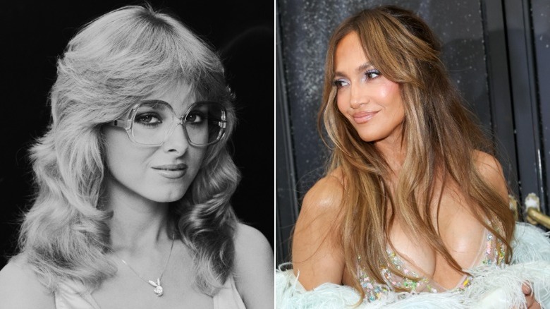An '80s model and Jennifer Lopez with feathered layers