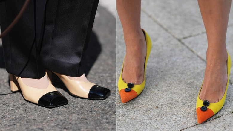 A woman wearing black satin trousers and cream-and-black color block heels on the left and a woman wearing orange-and-yellow two-toned heels with black button accents on the right.