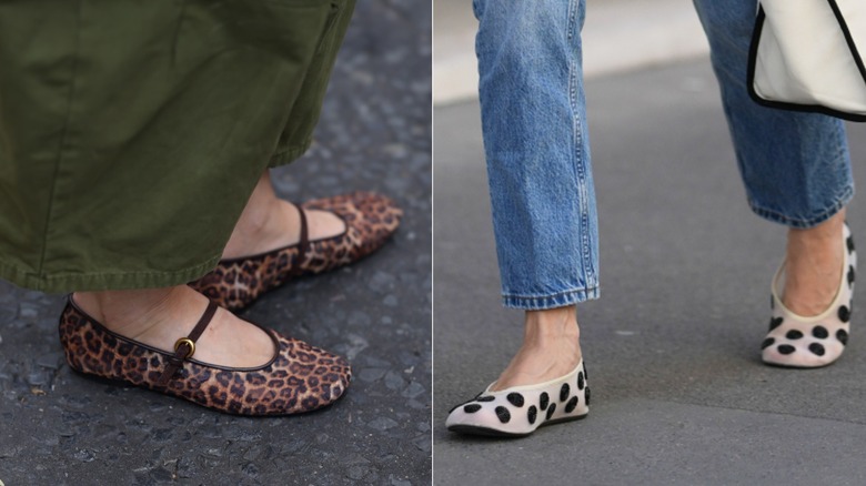 A woman wearing wide-leg green pants and leopard-print ballet flats with a top strap on the left and a woman wearing jeans and white-and-black polka-dot ballet flats on the right.