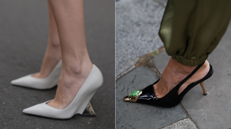 A woman wearing white shoes with an inverted heel on the left and a woman wearing green pants wearing black heels with an embellished toe on the right.