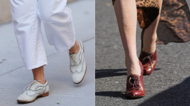 A person wearing white Oxford shoes with white pants on the left and a woman wearing red Oxford heels on the right.
