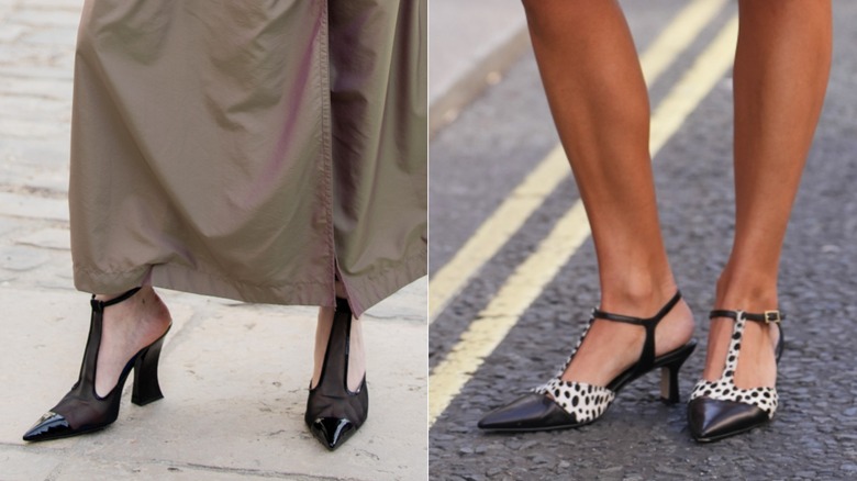 A woman in a brown trench coat wearing shiny black T-strap heels on the left and a woman wearing black-and-white animal-print T-strap heels on the right.
