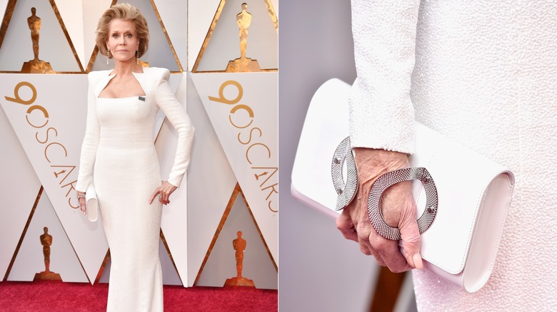 Split image of Jane Fonda wearing a structured white gown on the red carpet on the left and a close up of her detailed clutch on the right.