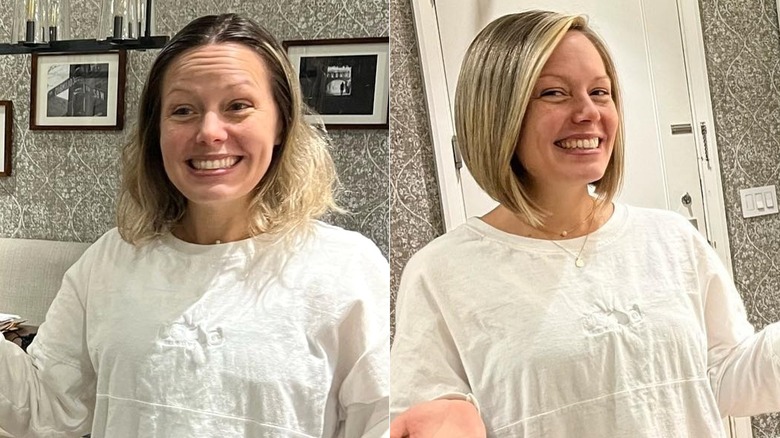 Side-by-side of Dylan Dreyer before and after a haircut