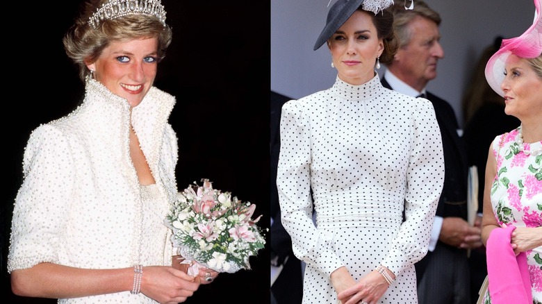 Princess Diana wears a pearl bracelet in 1989 and Kate Middleton wears the same bracelet in 2023
