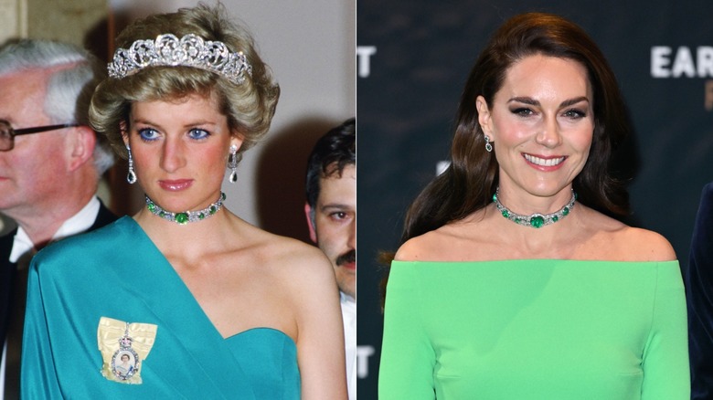 Princess Diana and Kate Middleton wearing a green diamond choker