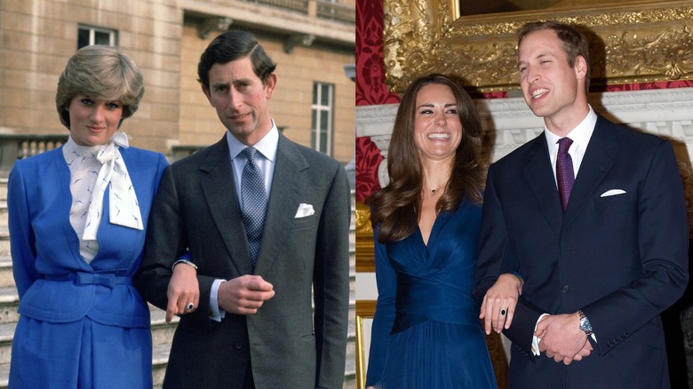 Diana Spencer and Prince Charles announce their engagement to the press in 1981; Kate Middleton and Prince William announce their engagement to the press in 2010