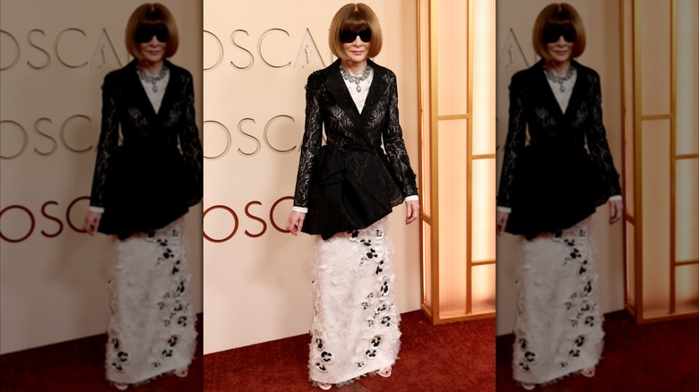 Anna Wintour on the red carpet wearing a fluffy white and black dress with a black lace coat, a statement necklace, and black sunglasses.
