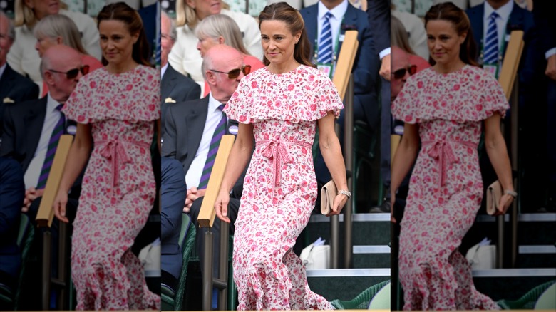Pippa Middleton wearing a pink floral dress holding a beige clutch at Wimbledon in 2024.