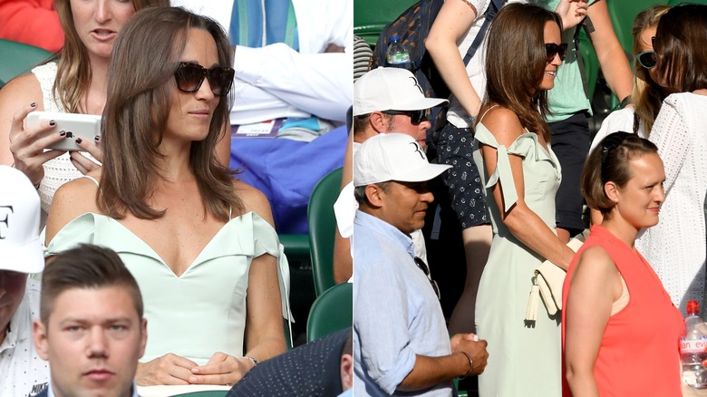 Pippa Middleton wearing a light-green, off-the-shoulder dress and sunglasses at Wimbledon in 2017.