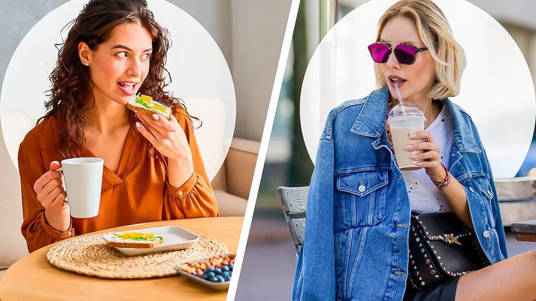 Two women with breakfast and coffee