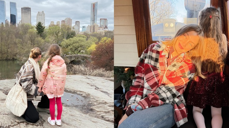 Gigi Hadid and her daughter Khai wearing her in a braid on the left and half-up half-down on the right