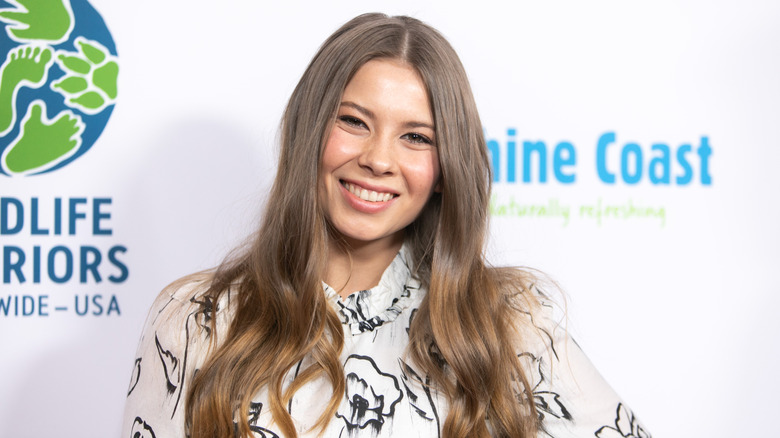 Bindi Irwin posing on a red carpet with her hair down and waved