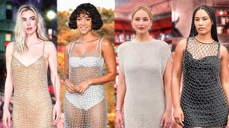 Four women wearing netted dresses