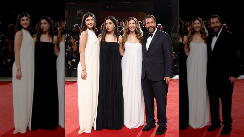 Sunny Madeline Sandler, Sadie Madison Sandler, Jackie Sandler and Adam Sandler attend the "Jay Kelly" red carpet during the 82nd Venice International Film Festival on August 28, 2025