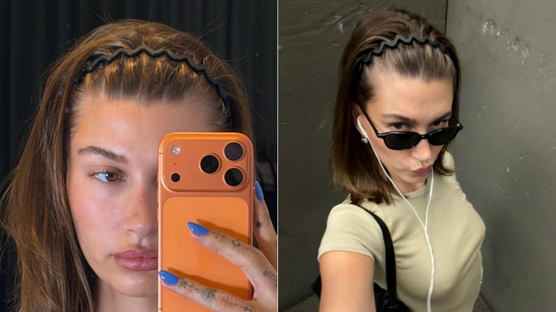 Side-by-side photos of Hailey Bieber with a comb headband holding up her phone on the left and taking a selfie with headphones in on the right.