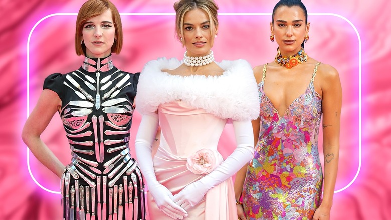 Margot Robbie, Hari Nef, and Dua Lipa at the London Barbie premiere