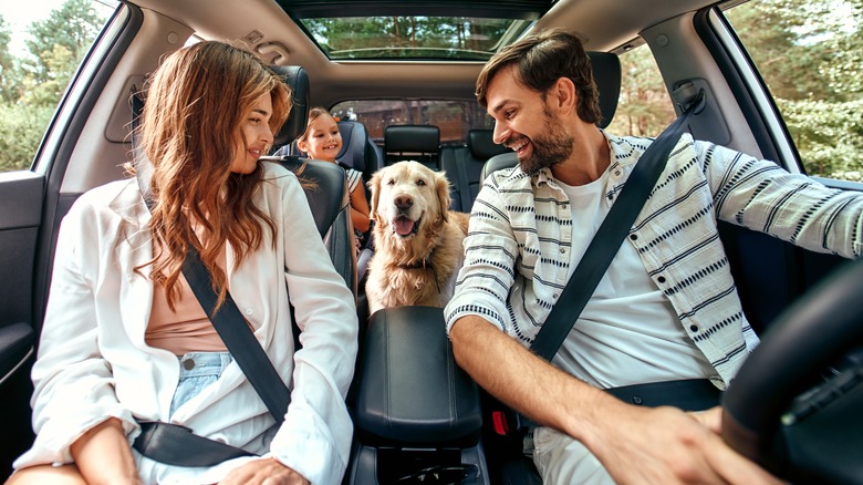 Family and dog ebmark on road trip