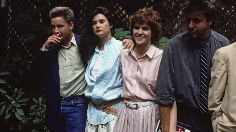 Emilio Estevez, Demi Moore, Ally Sheedy and Judd Nelson pictured during a promotional event for 'St Elmo's Fire' in New York, 1985.