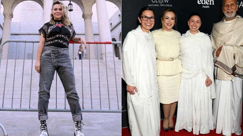 Alyssa Milano posing with cuffed jeans and a patterned shirt, next to Alyssa Milano posing in a cream skirt and peplum top with a belt