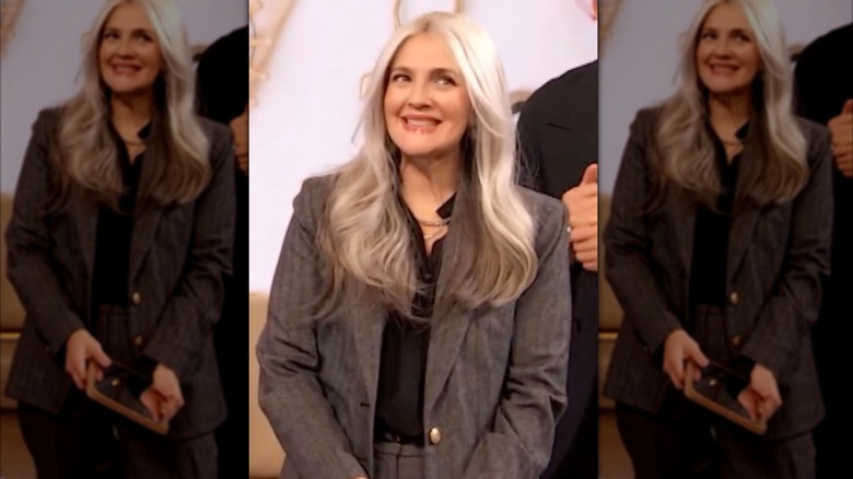 Drew Barrymore in a gray wig on the set of "The Drew Barrymore Show"
