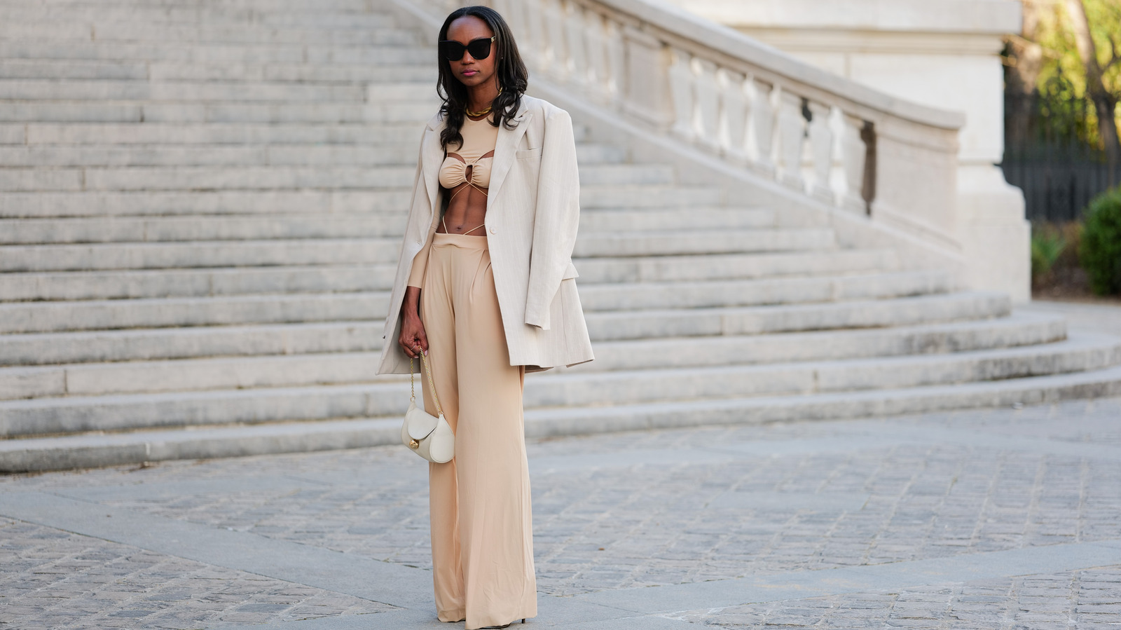 Metallic Blue Silk Shirt and White Trousers Set for Women