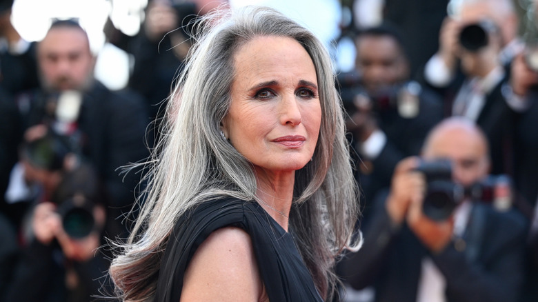 Actor Andie MacDowell wearing a black dress at Cannes Film Festival