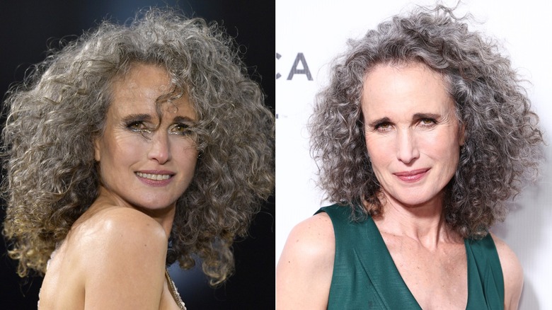 Andie MacDowell in 2022 with tight curly hair in a silver hue