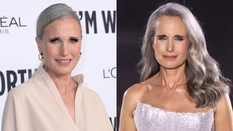 Andie MacDowell in 2024 with her hair pulled back and with loose waves
