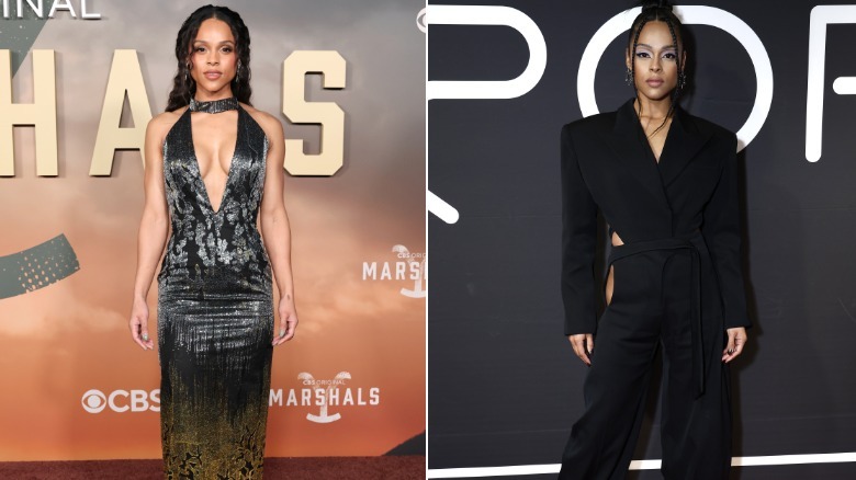 Ash Santos pictured wearing a black V-neck dress on the left and a tailored pants suit on the right