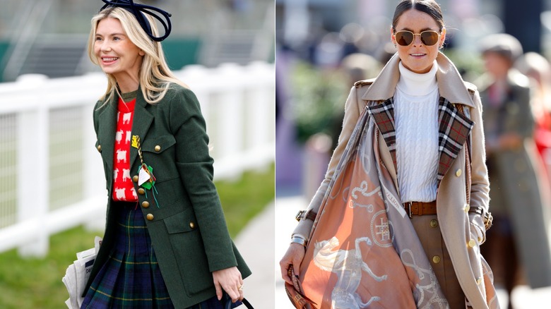 A woman wearing a sheep knit with a blazer and tartan skirt, next to a woman wearing a Burberry trench with a horse motiff scarf