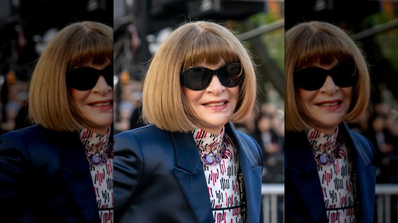 Anna Wintour smiles with honey-blonde hair and wearing sunglasses