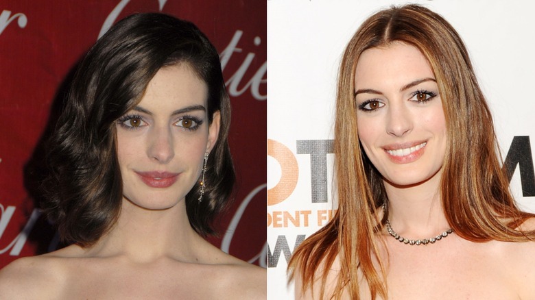 Split image of Anne Hathaway on a red carpet in 2008 on the right and with auburn hair in 2010 on the right.