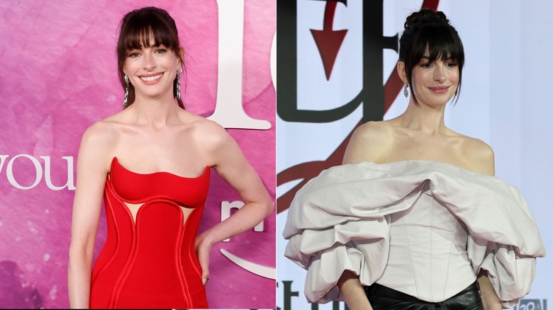 Split image of Anne Hathaway at "The Idea of You" premiere on the left and "The Devil Wears Prada 2" international premiere on the right.