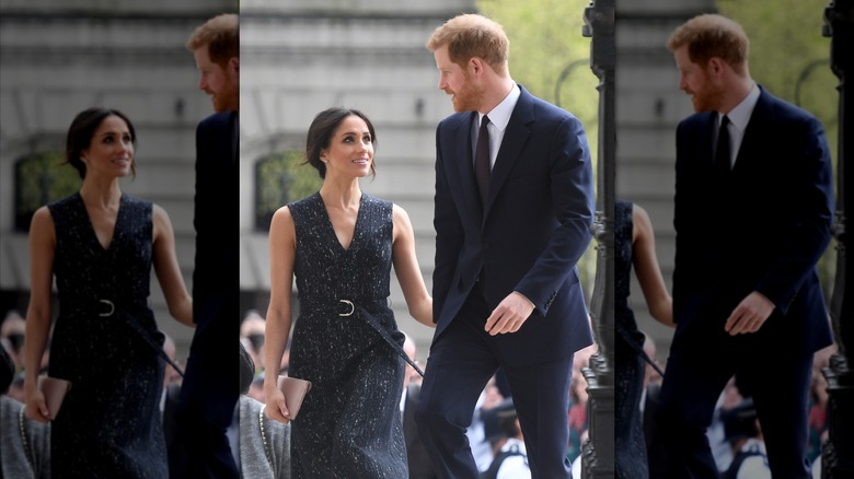 Meghan Markle walks with Prince Harry at a 2018 memorial service for Stephen Lawrence.