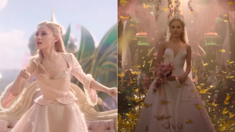 Ariana Grande wearing light-colored outfits as Glinda in "Wicked: For Good"