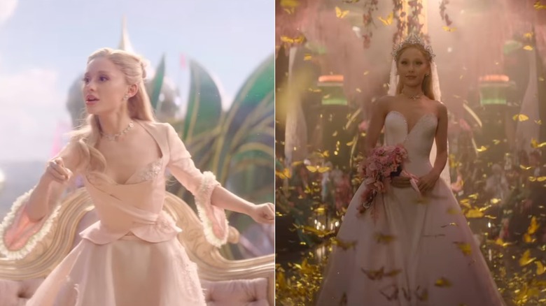 Ariana Grande wearing light-colored outfits as Glinda in "Wicked: For Good"
