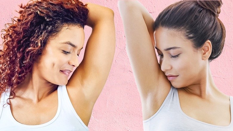 women look at their armpits