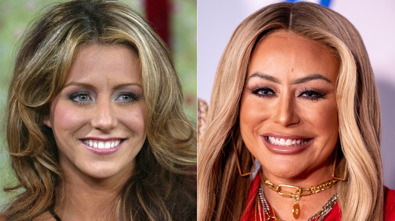 Aubrey O'Day looking natural in 2005 and after Botox and filler in 2024