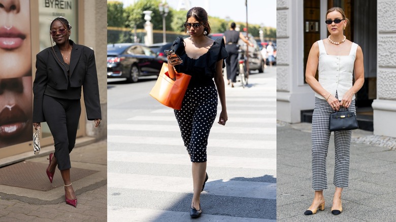 Side by side photos of three women wearing different style capris with purses and sunglasses